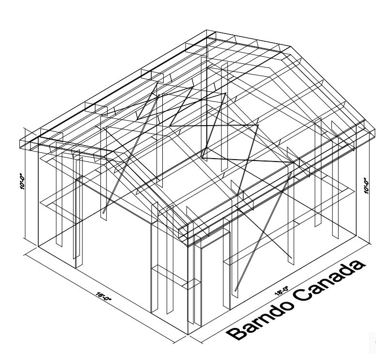 Example structural wireframe drawing of a 16' x 18' Sim Bin steel frame by Barndo Canada