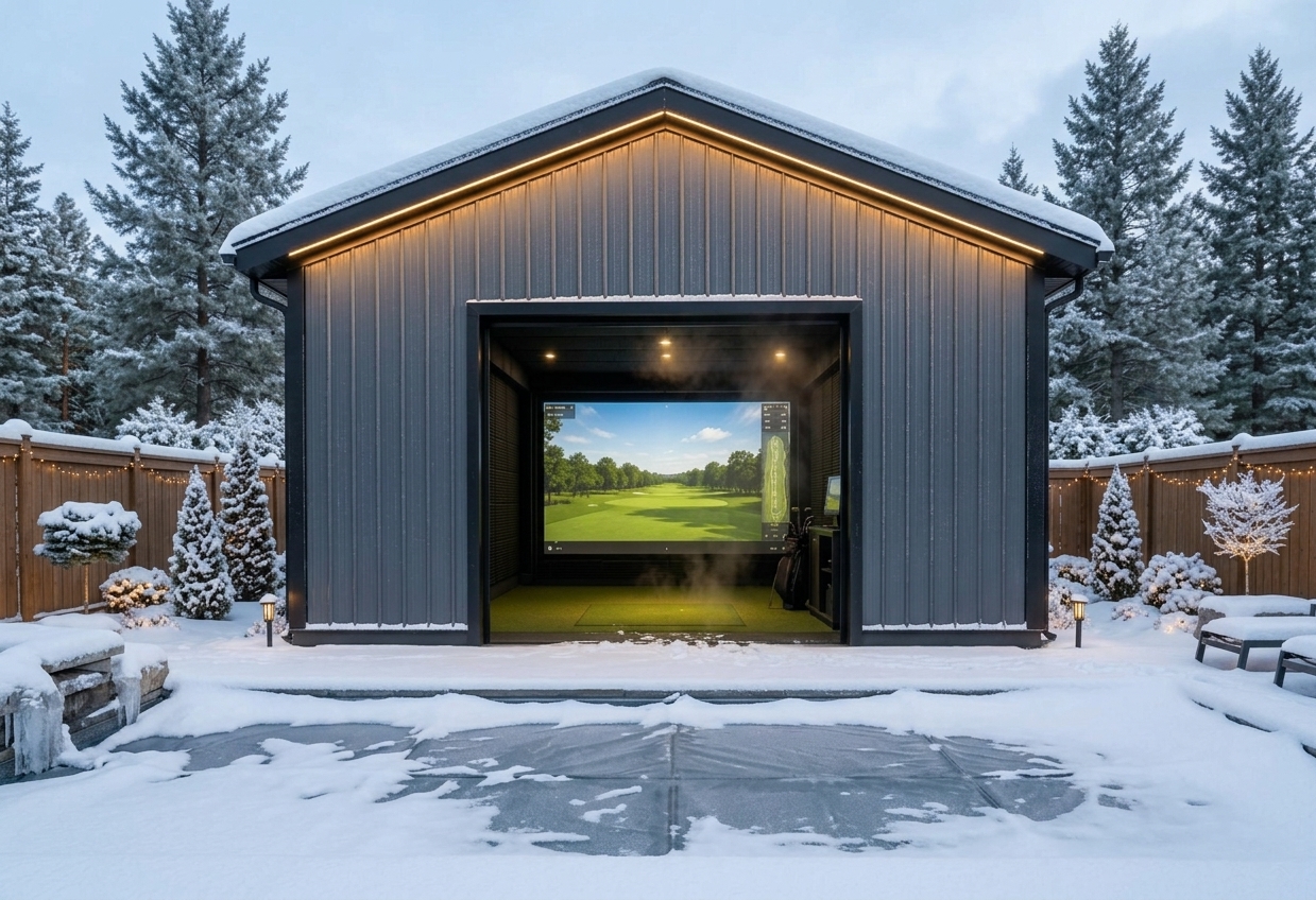 The Sim Bin steel golf simulator building in winter, heated and playable year-round