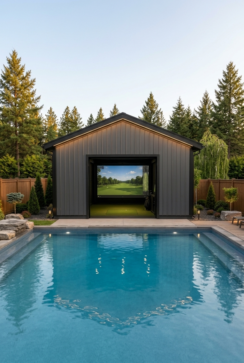 Backyard golf simulator shed with pool and premium landscaping