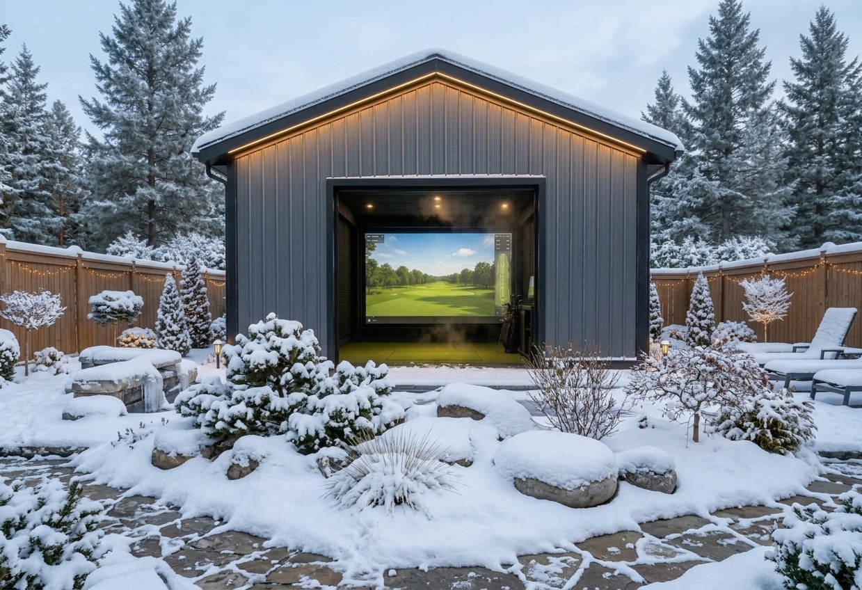 Steel golf simulator shed in Canada during winter with snow-covered garden