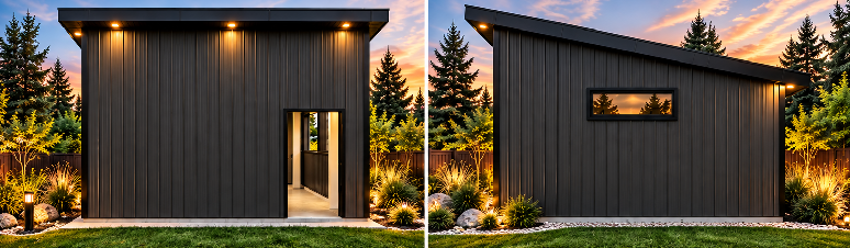 Two mono-slope roof Sim Bin buildings with black steel siding, one with an open door and one with a window