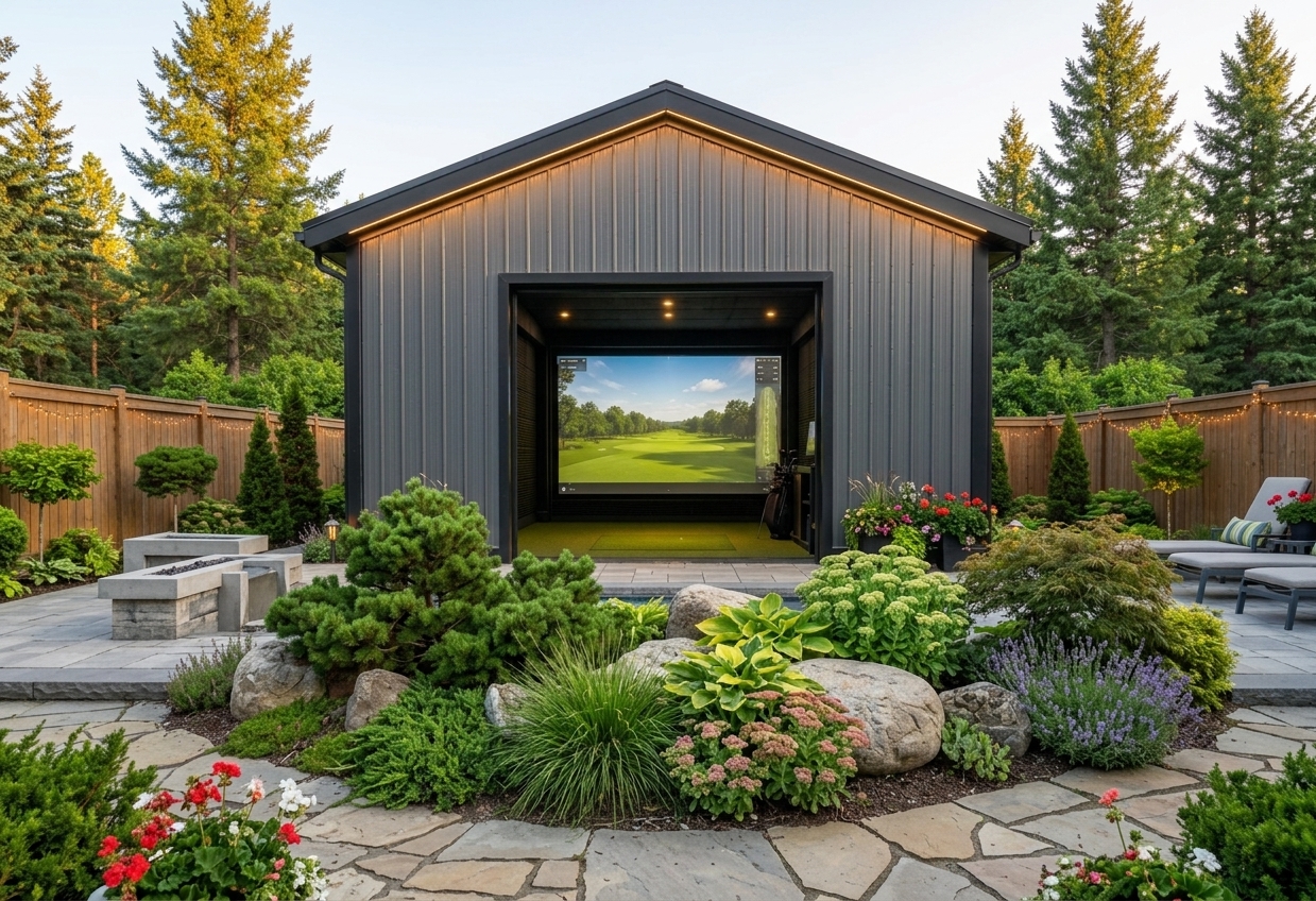 Custom golf simulator building with landscaped garden patio in summer