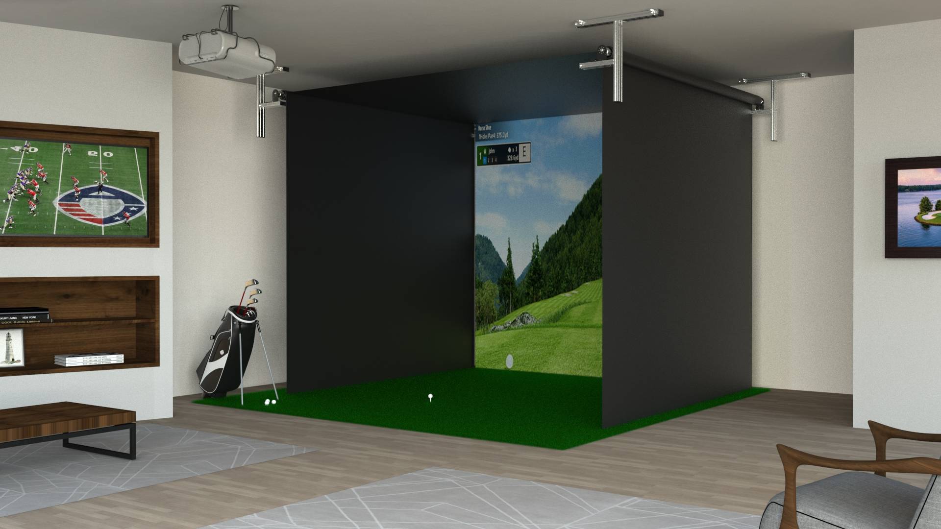 Luxury home golf simulator built into a finished basement