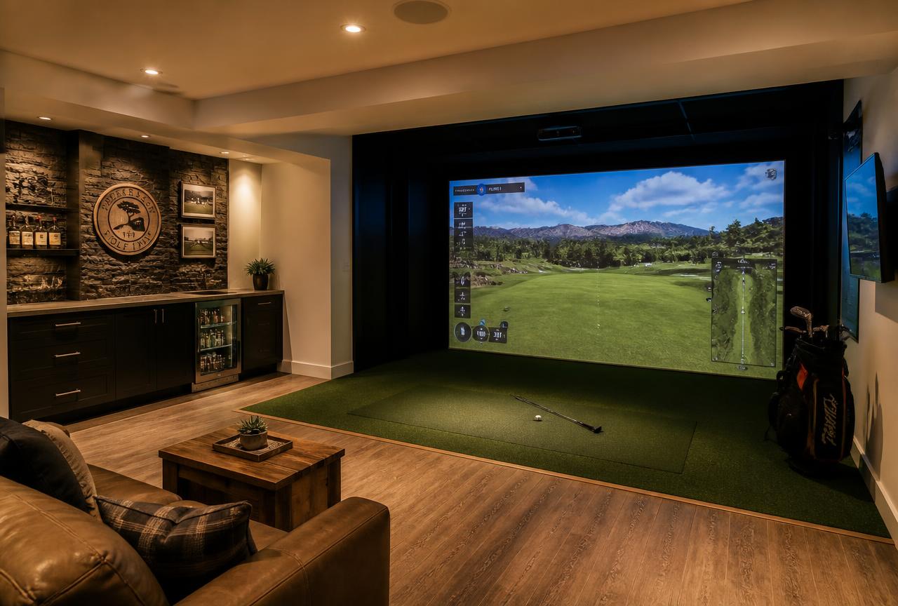 Finished basement golf simulator installation by Hideaway Golf