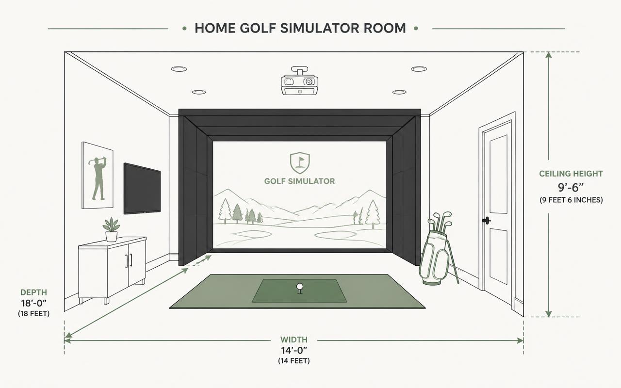 Diagram showing golf simulator room width, depth and ceiling height requirements